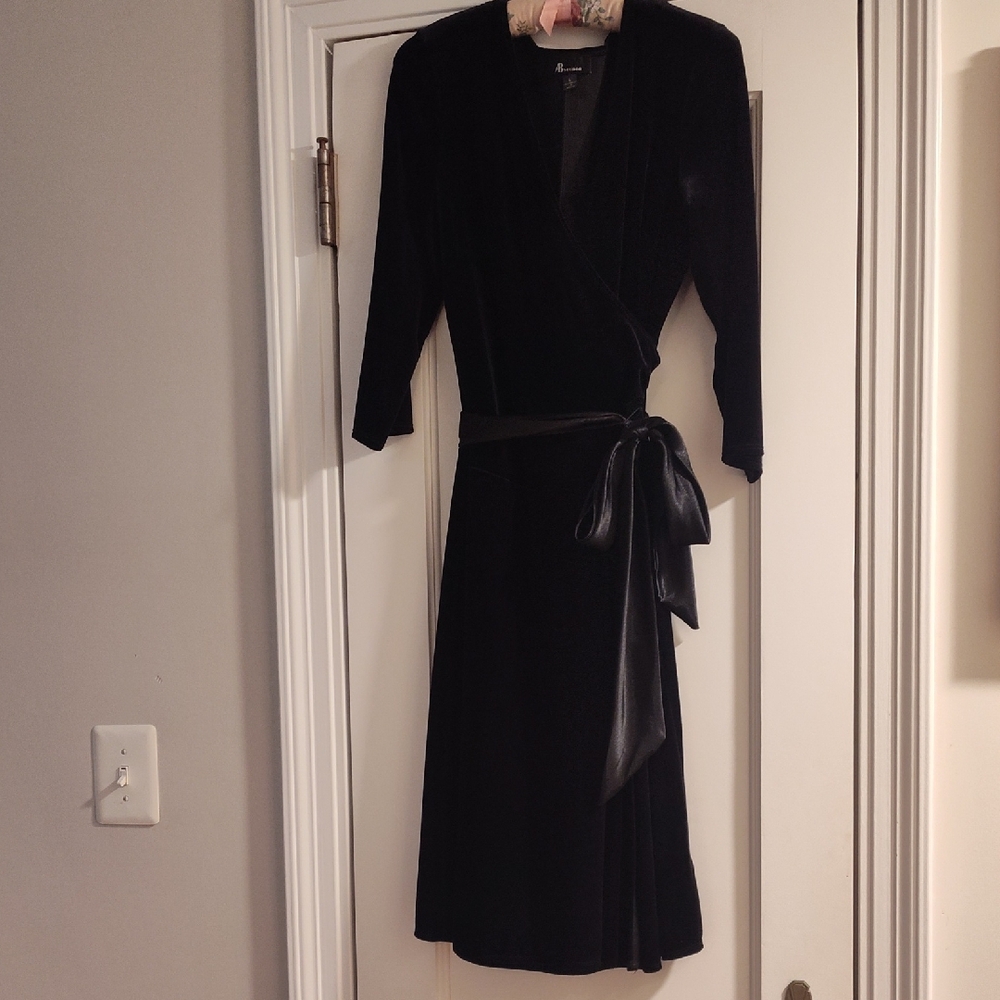 AB Studio Classic Black Velvet Wrap Dress With Satin Sash